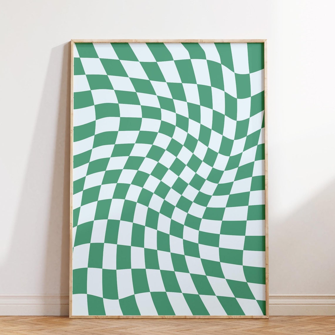 Fresh Wavy Green White Checkerboard Pattern Bold Retro Poster