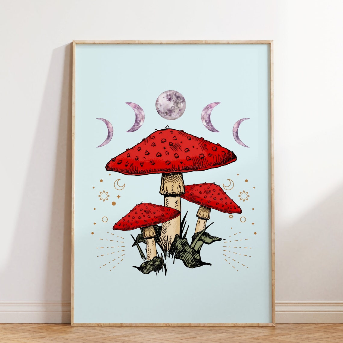 Celestial Red Mushroom Moon Phase Stars Vintage Botanical Poster