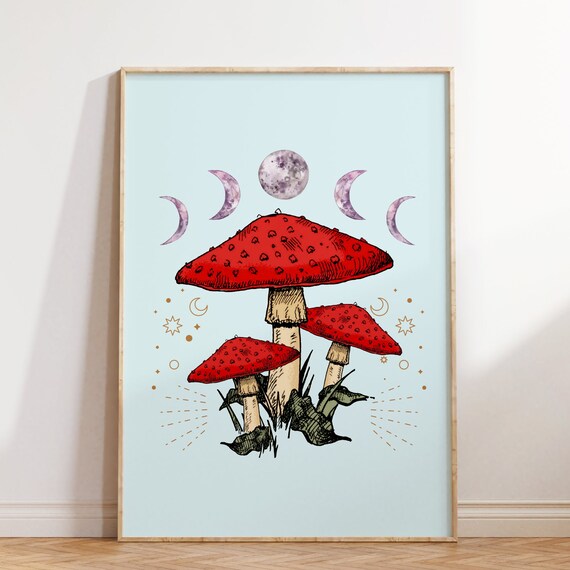 Celestial Red Mushroom Moon Phase Stars Vintage Botanical Poster