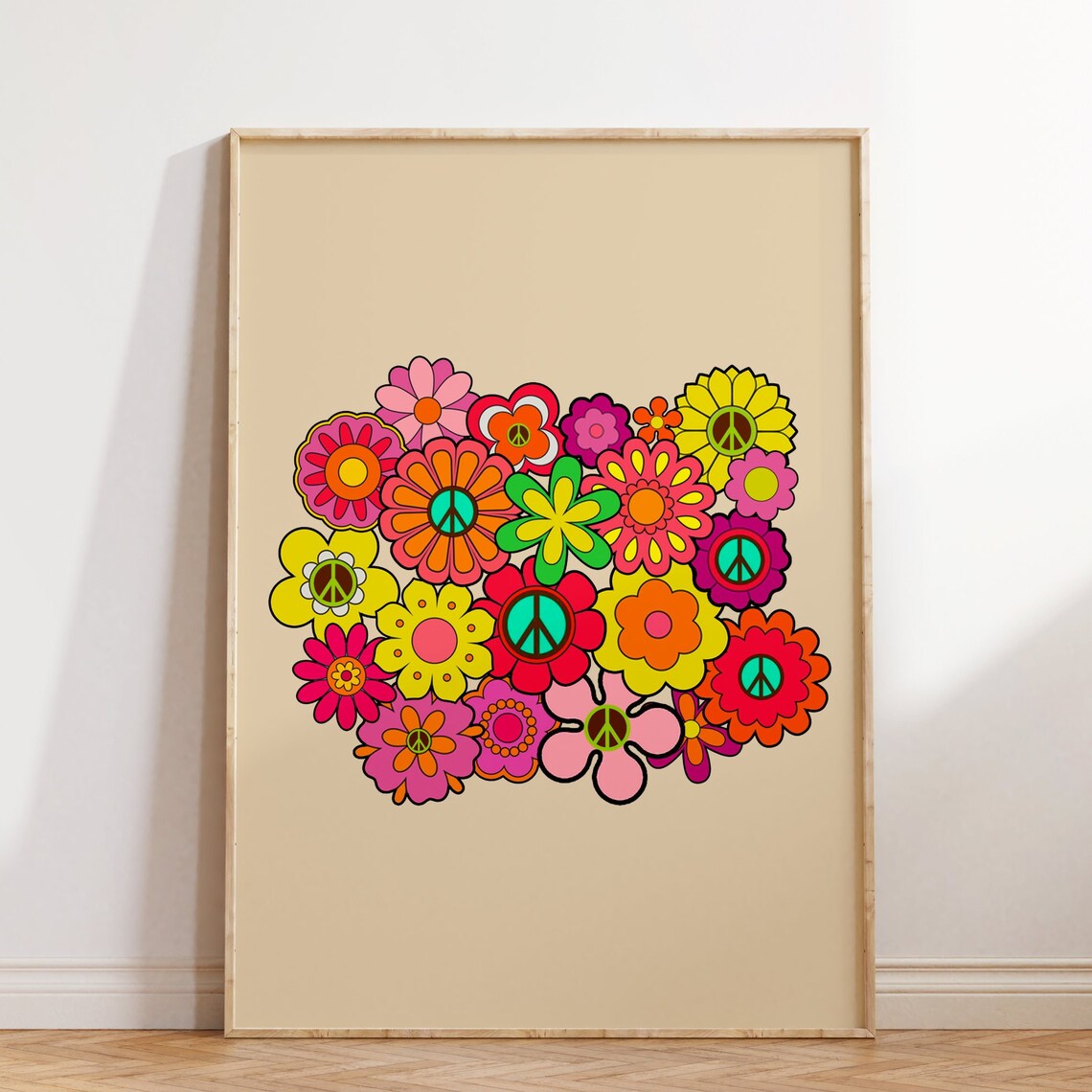 Colorful Peace Flower Power Bouquet Groovy Hippie Floral Art Poster