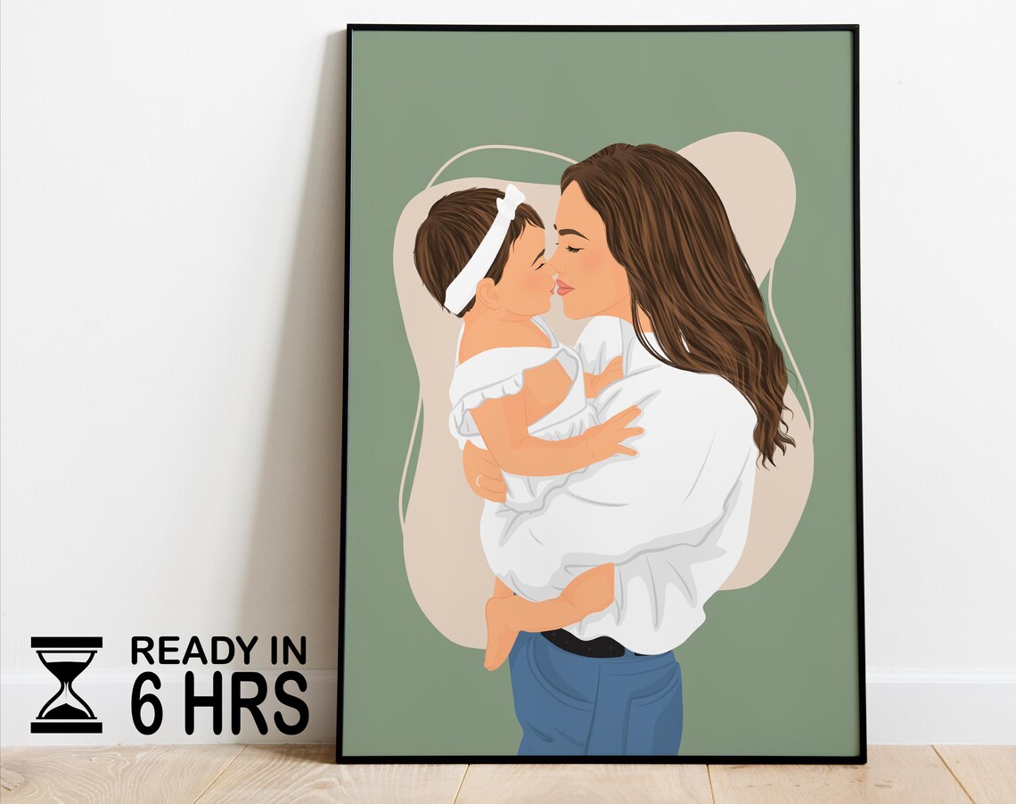 Personalized Family Portrait Custom Drawing, Mom Gift