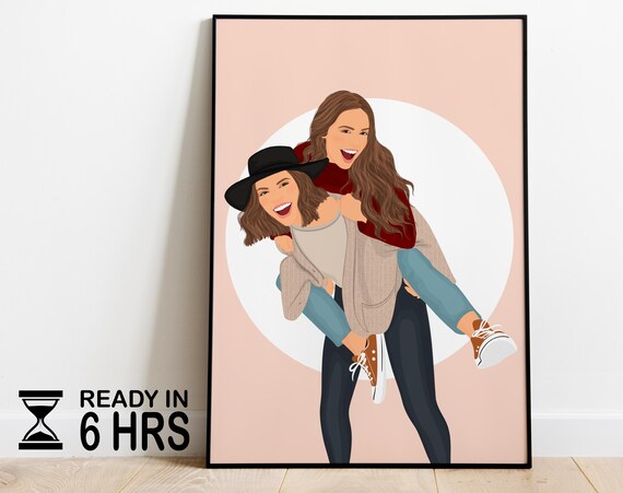 Custom Playful Best Friends Piggyback Portrait Illustration Poster