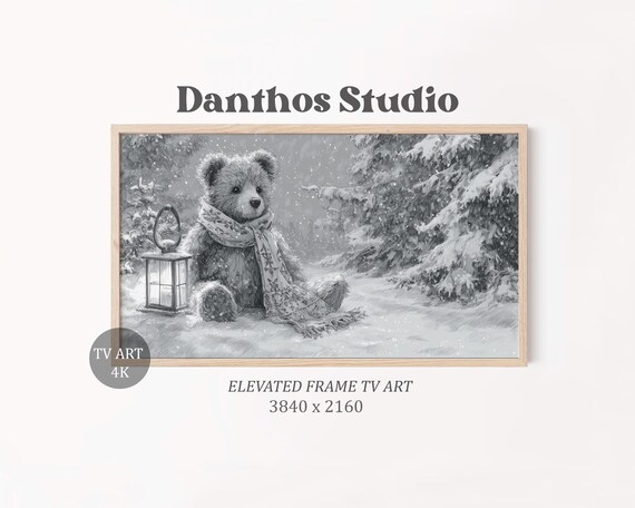 Christmas Teddy Bear Sketch with Lantern in Snow Winter Wonderland Poster