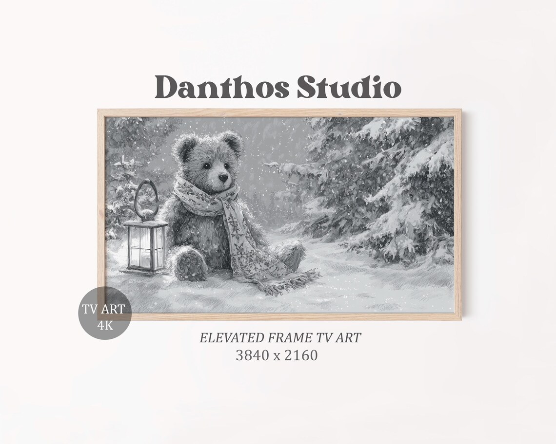 Christmas Teddy Bear Sketch with Lantern in Snow Winter Wonderland Poster