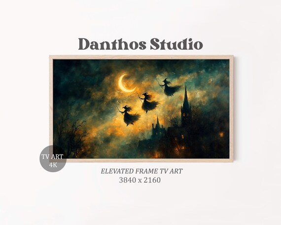 Moody Witches Frame Tv Art Night Sky Halloween Decoration Moonlit Witch Silhouette Spooky Fall Atmosphere 28