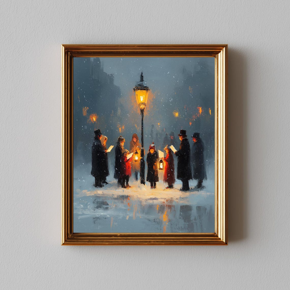 Victorian Christmas Carolers Lamppost Snowy Night Painting Poster