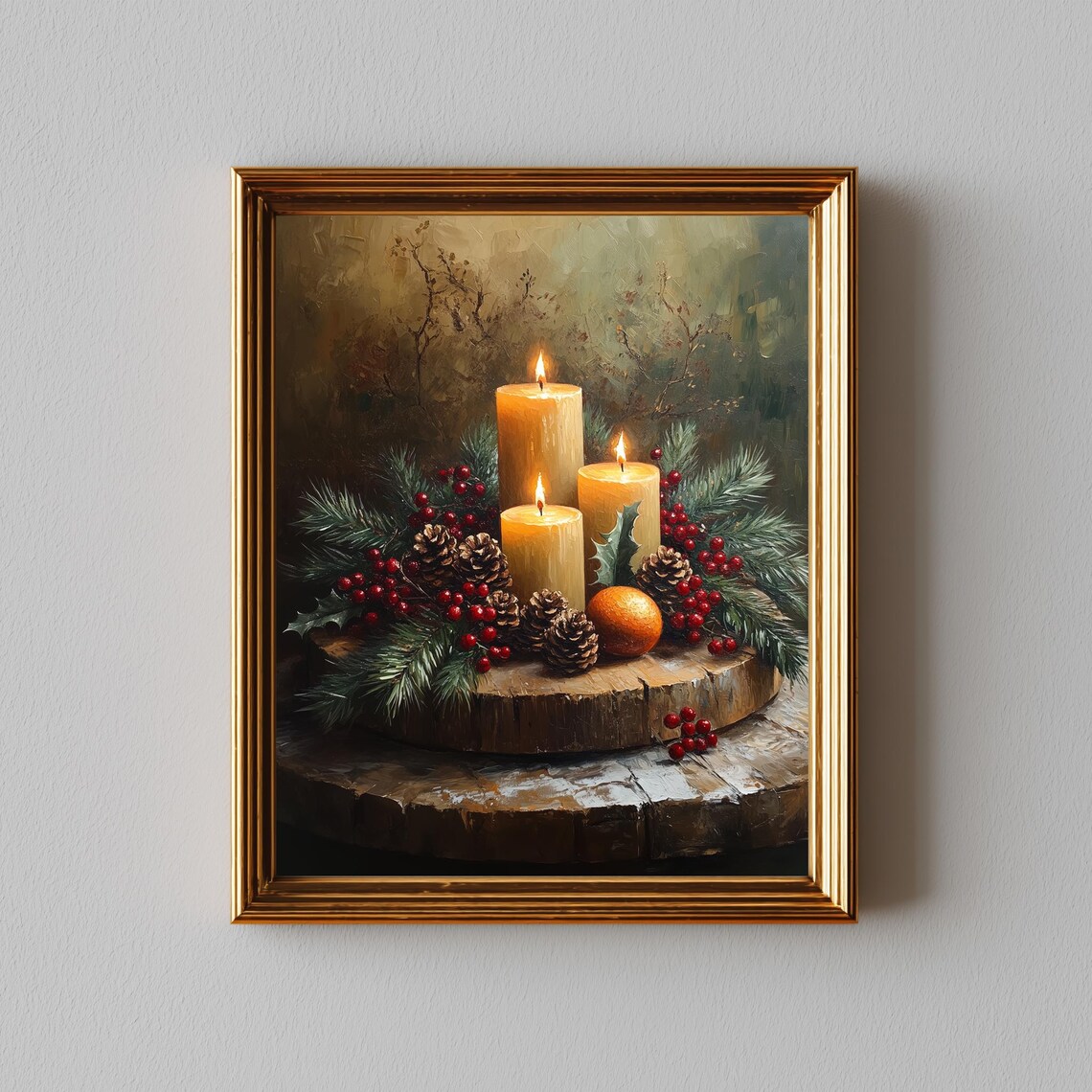 Christmas Candle Centerpiece Painting with Pine Berries and Pinecones Poster