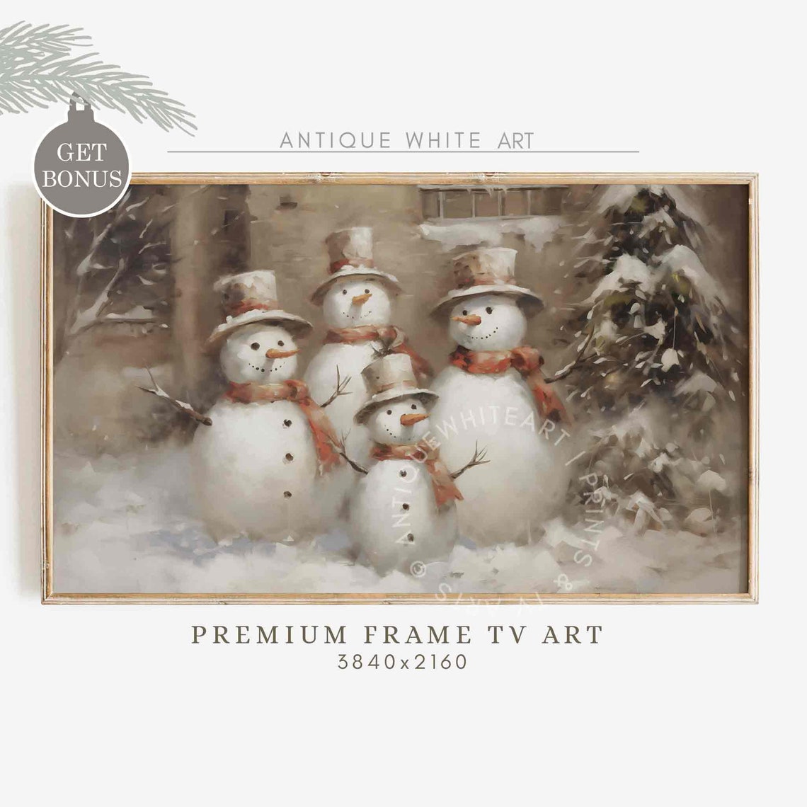Snowman Frame Tv Art Christmas Painting Snowmen Family Cute Winter Cottagecore Decor Farmhouse Christmas Holiday Frame Tv Wa37