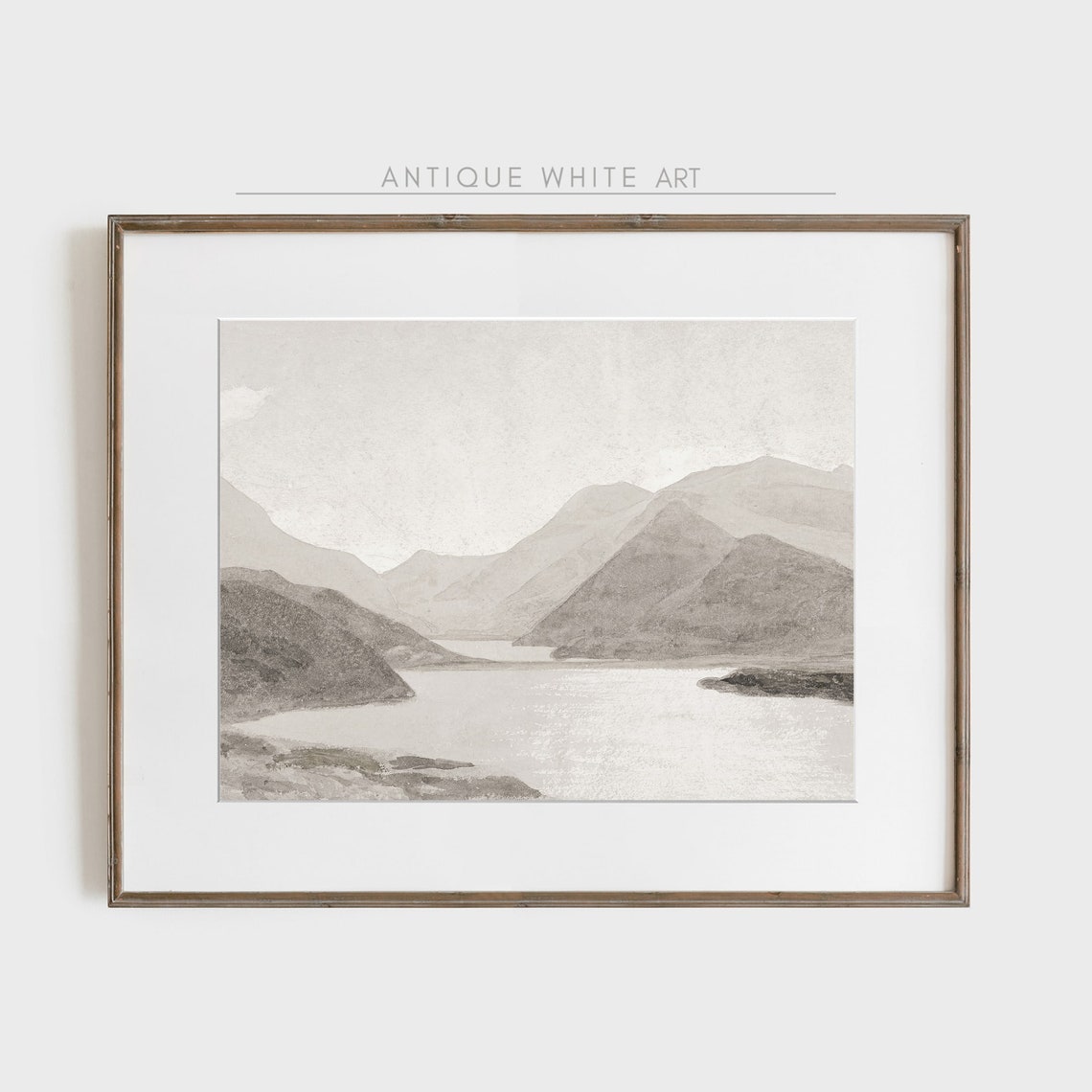 Soft Beige Mountain Lake Watercolor Minimalist Neutral Landscape Print
