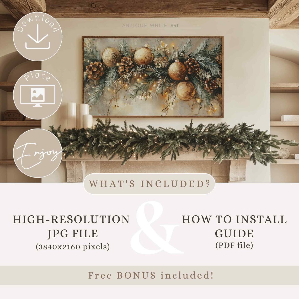 Christmas Garland With Gold Ornaments Pinecones Fairy Lights Wall Art - Image 4