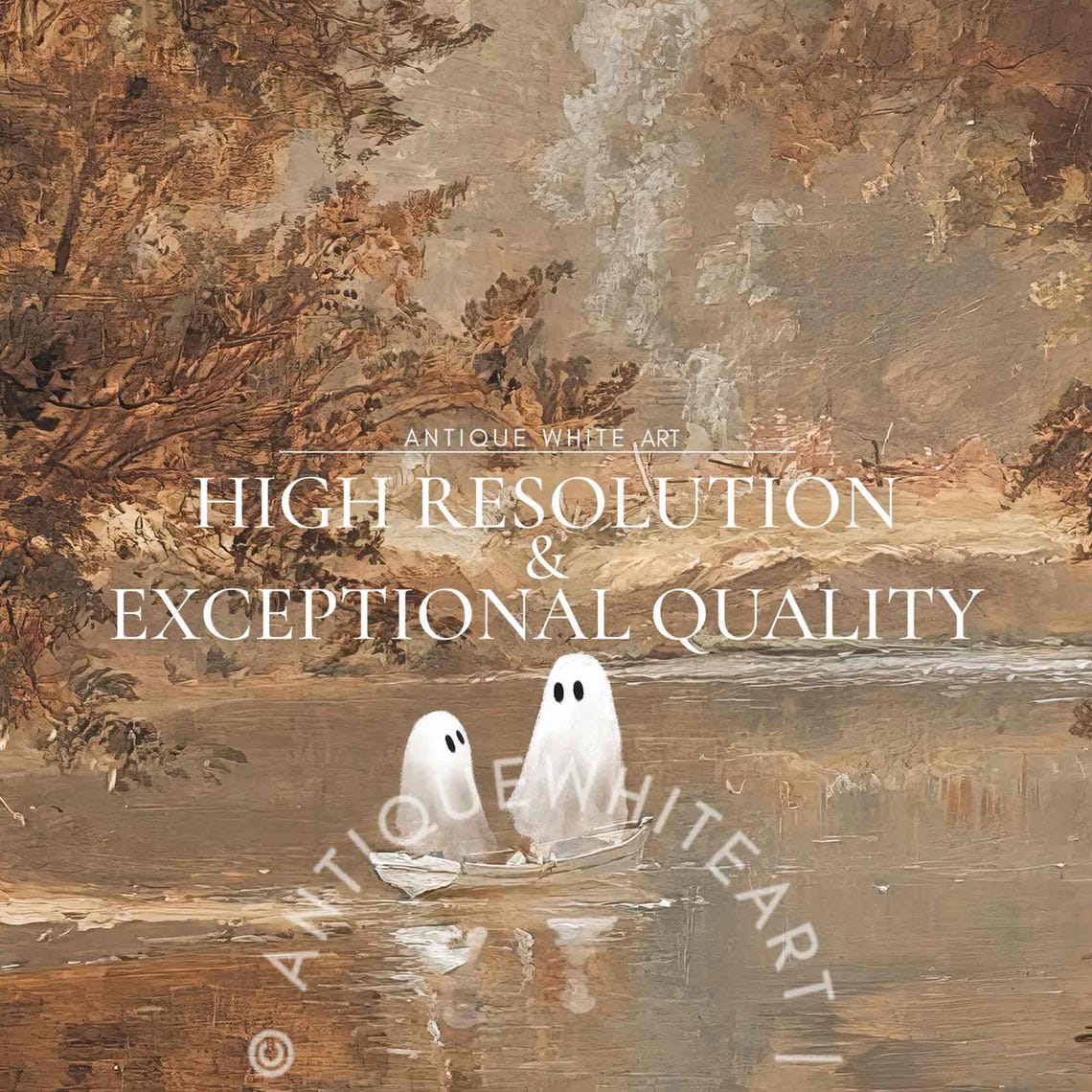 Cute Ghosts Floating On River In Autumn Forest Halloween Wall Art - Image 4