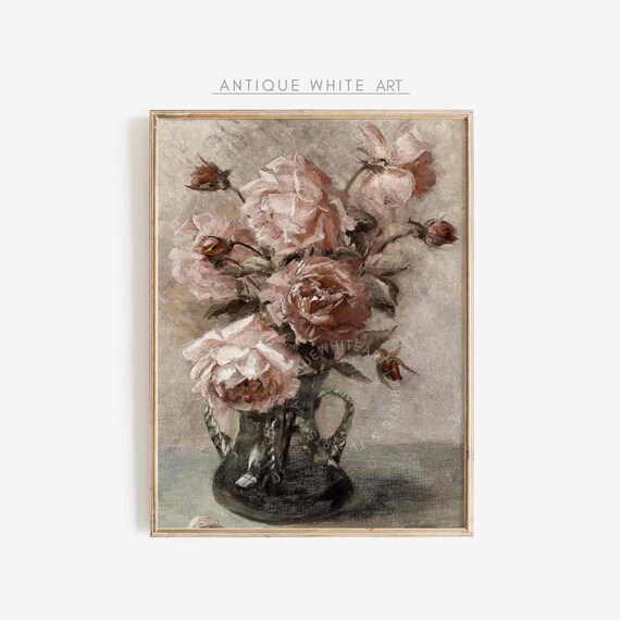 Vintage Muted Still Life Painting Botanical Wall Art Flowers Fine Art Farmhouse Print Moody Roses Art Print Art A01