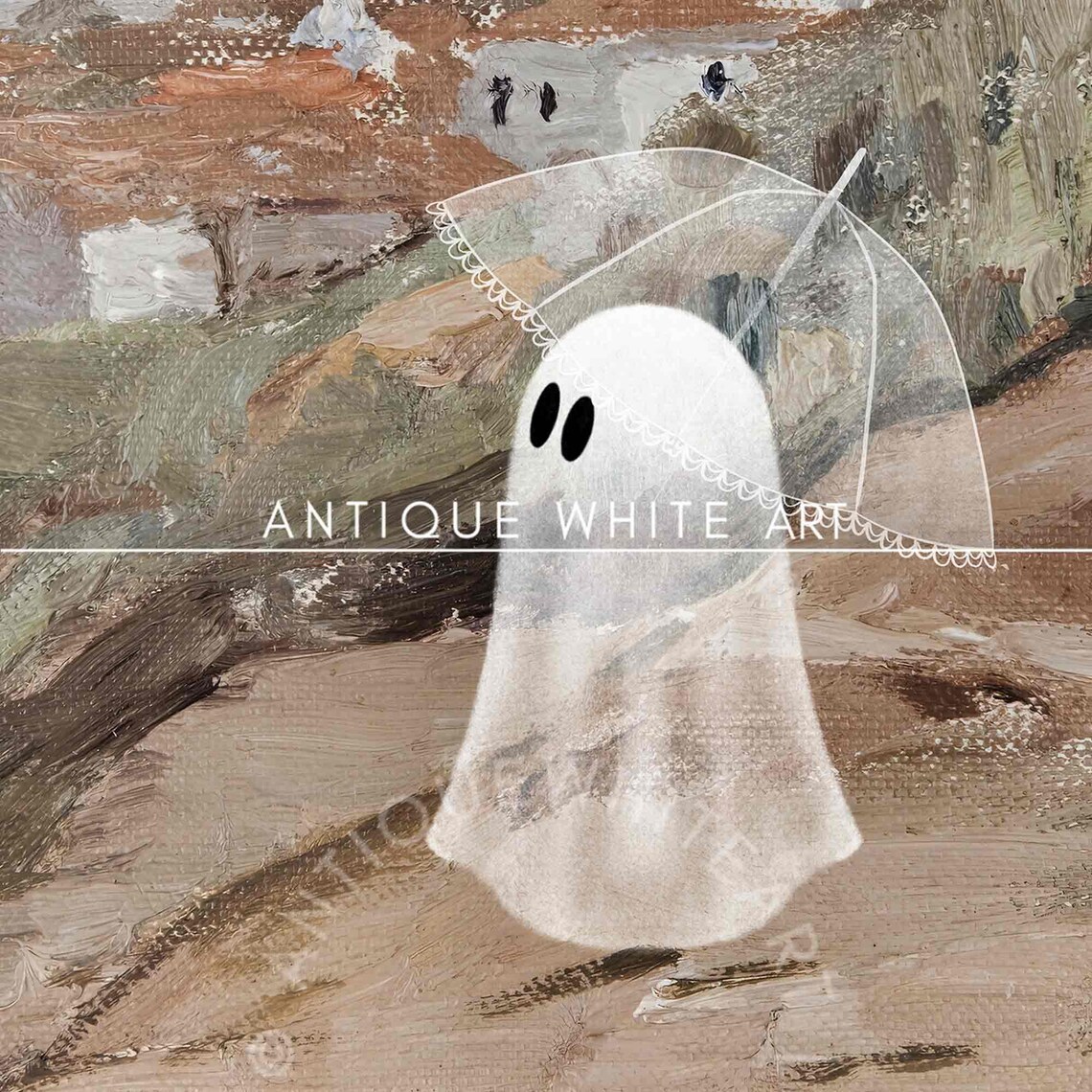 Cute Ghost With Umbrella Countryside Path Vintage Neutral Painting Poster - Image 3
