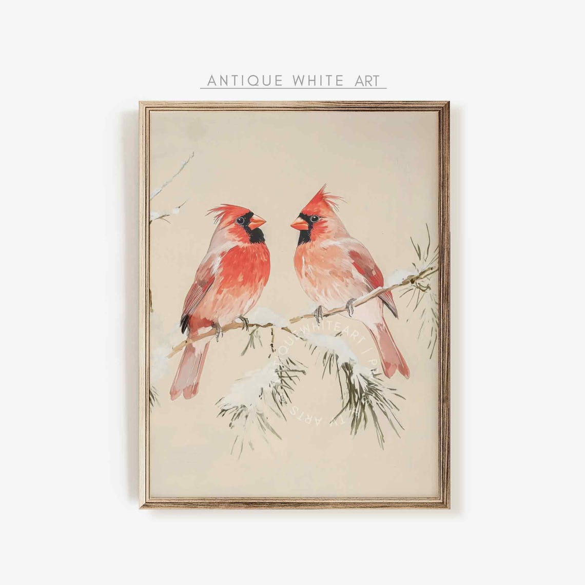 Vintage Red Cardinal Pair On Snowy Pine Branch Winter Bird Wall Art