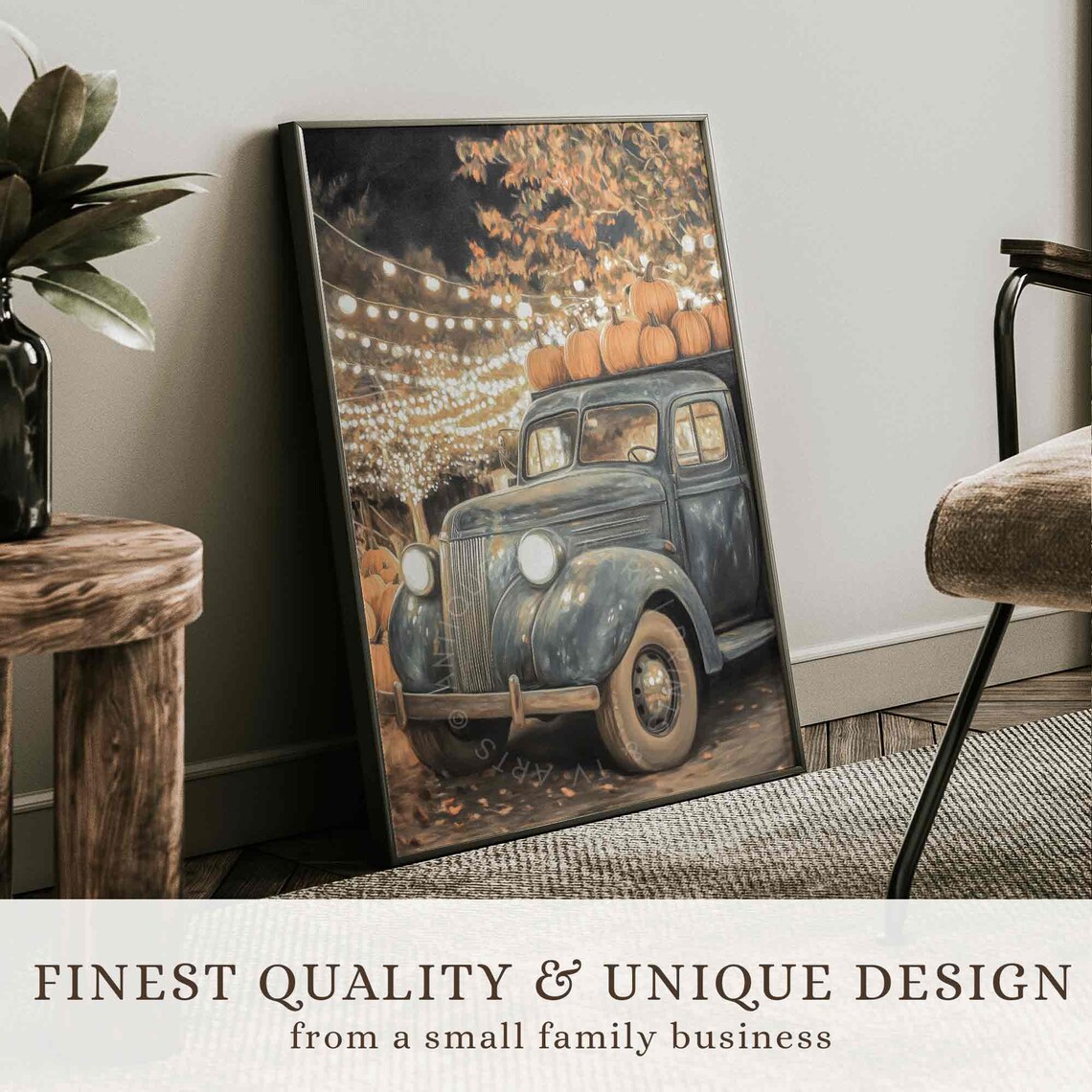 Vintage Blue Truck Pumpkins Night String Lights Fall Harvest Art Poster - Image 3