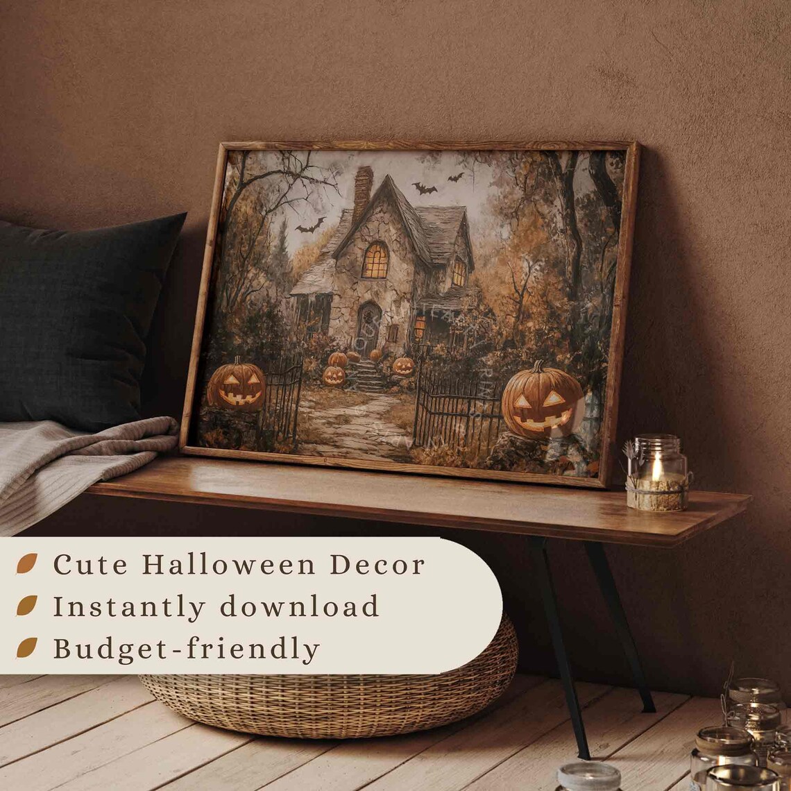 Spooky Stone Cottage Jack O Lanterns Bats Vintage Halloween Painting Poster - Image 3