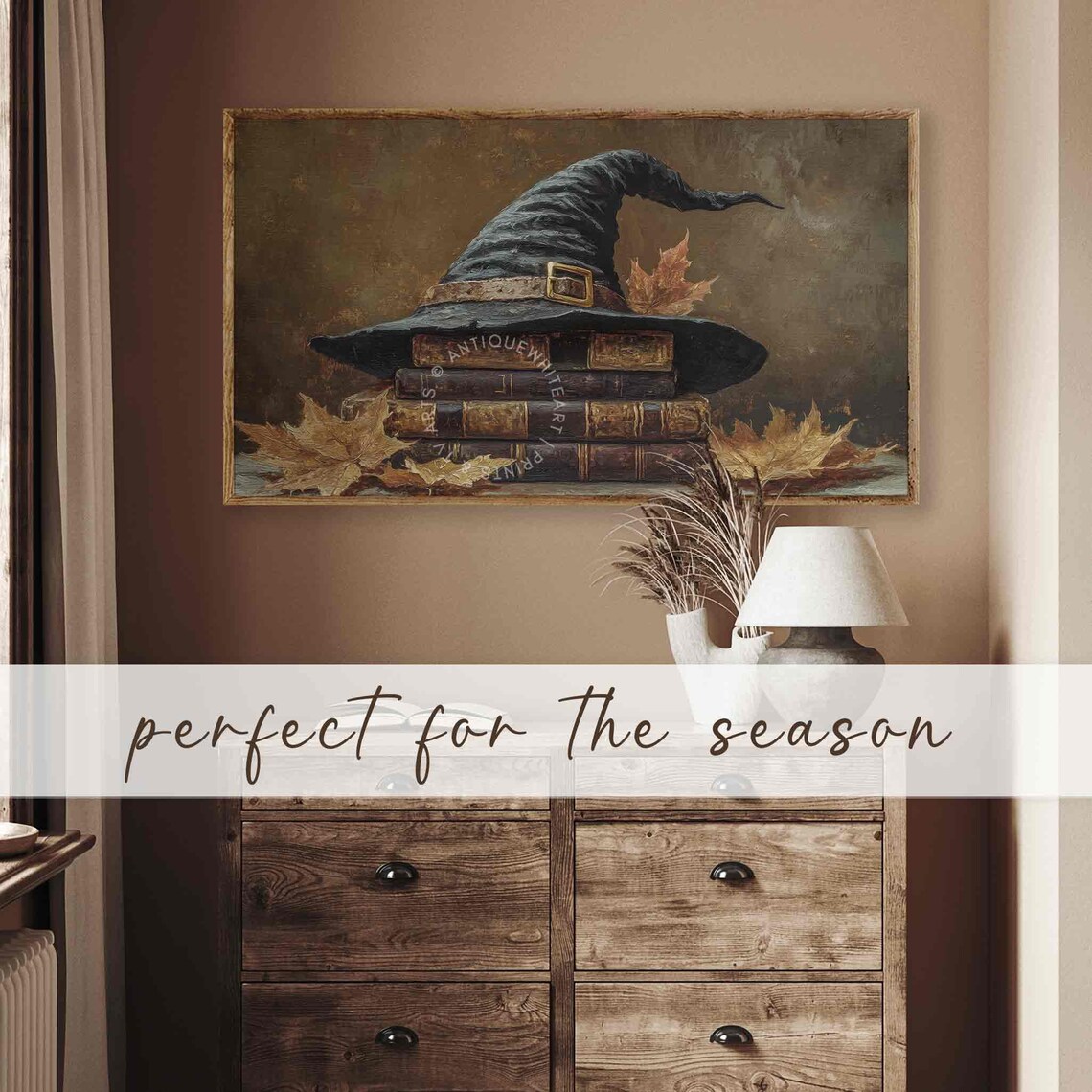 Witch Hat Resting On Stack Of Old Books With Autumn Leaves Dark Art Poster - Image 3