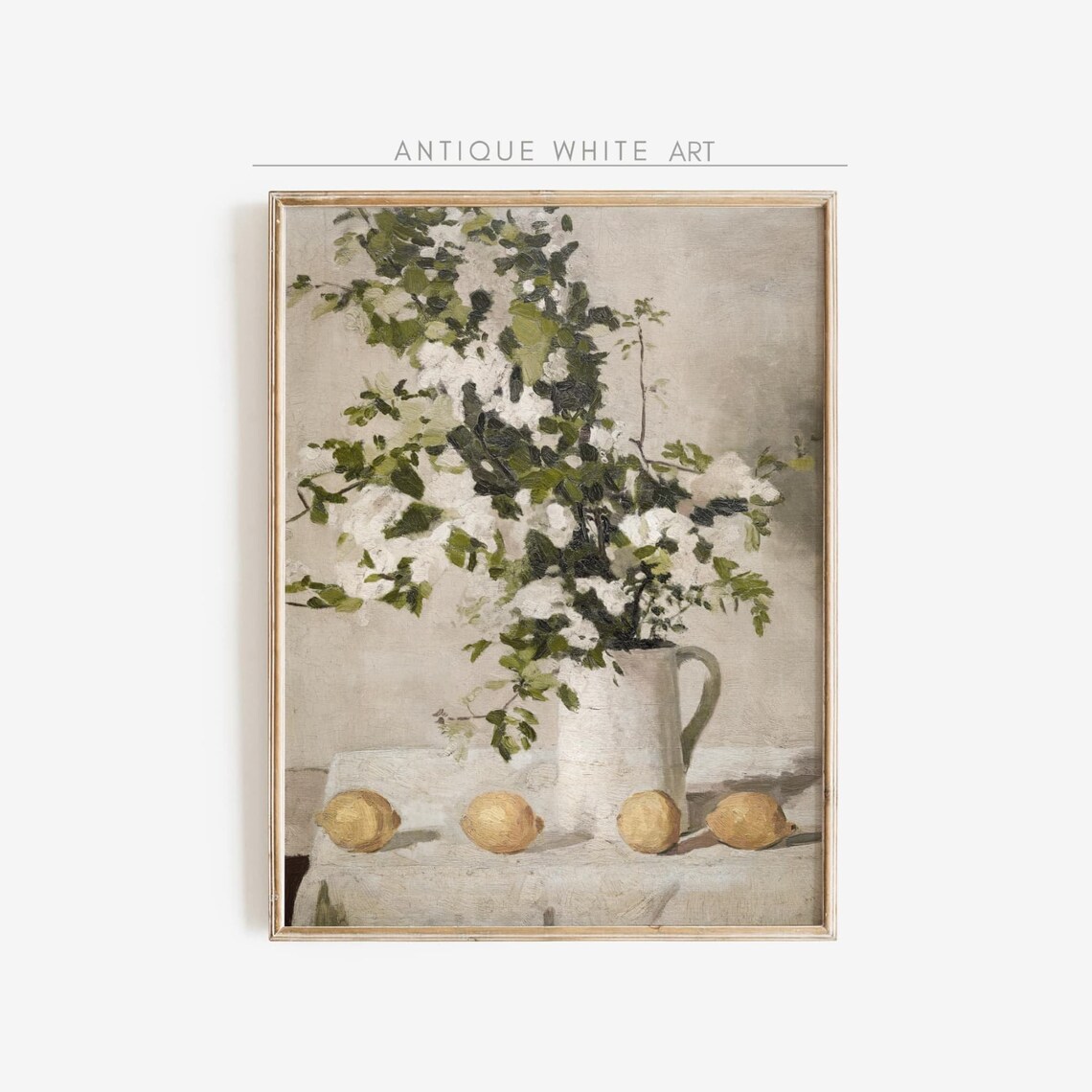 Vintage Kitchen Still Life Painting, Neutral Flowers Art Print