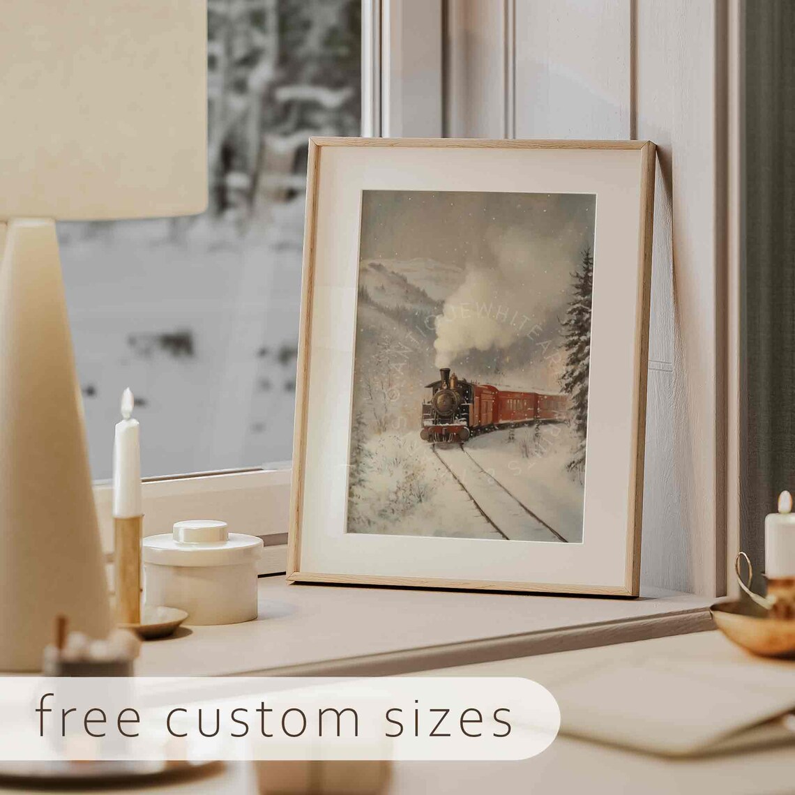 Christmas Train Painting, Moody Winter Scenery Art Print - Image 3