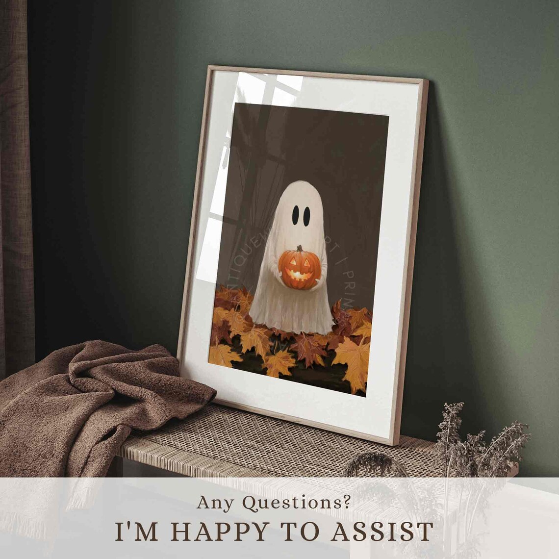 Cute Ghost With Pumpkin Halloween Art Print - Image 2