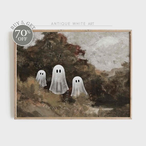 Cute Ghosts Moody Dark Vintage Landscape Oil Painting Halloween Spooky Poster