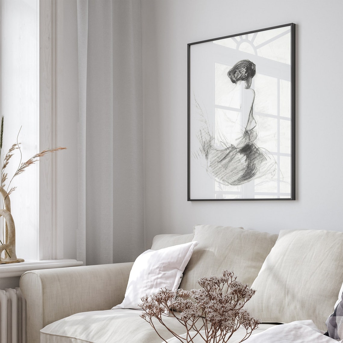 Abstract Neutral Sketch Seated Woman From Behind Line Drawing Wall Art - Image 4