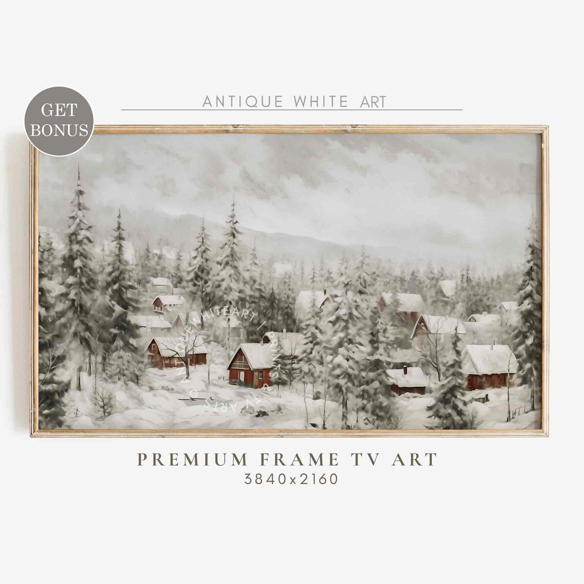 Snowy Red Cabin Village Winter Wonderland Landscape Travel Poster