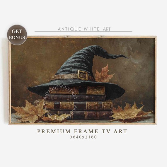 Witch Hat Resting On Stack Of Old Books With Autumn Leaves Dark Art Poster