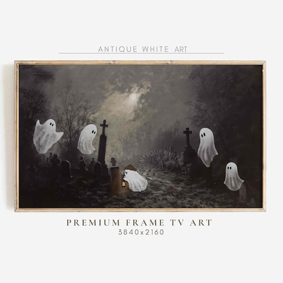 Spooky Graveyard Ghosts Haunted Cemetery Night Halloween Frame Tv Art Poster