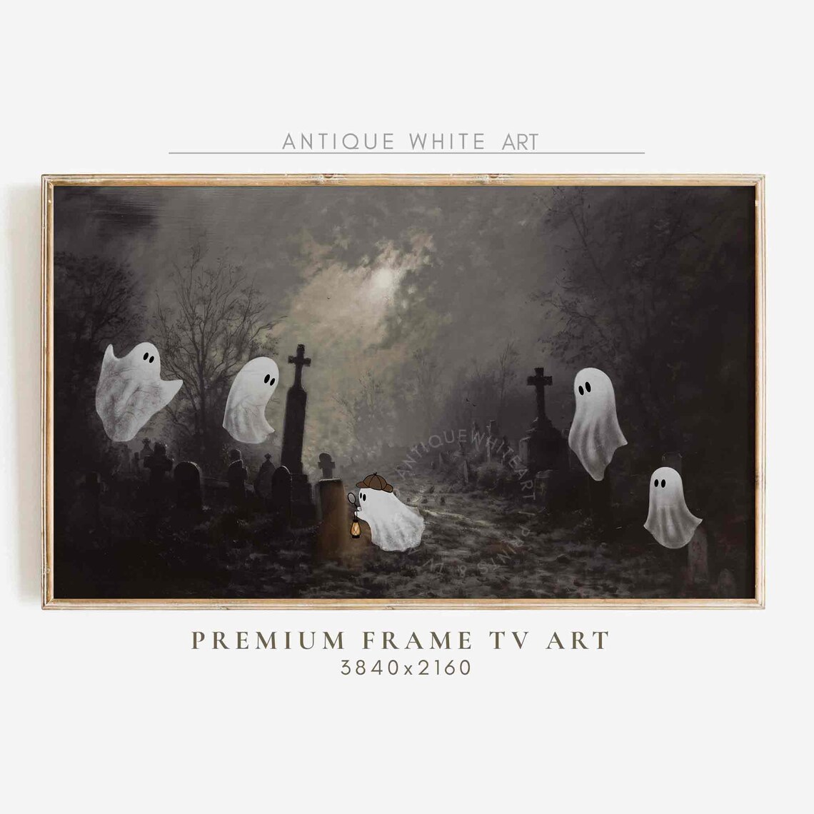 Spooky Graveyard Ghosts Haunted Cemetery Night Halloween Frame Tv Art Poster