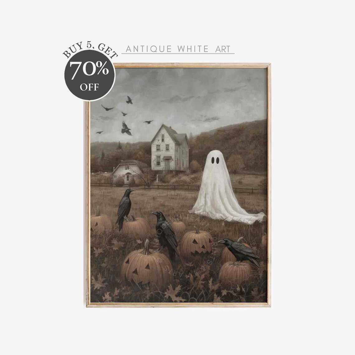 Ghost in Vintage Landscape Art Print, Halloween Decor