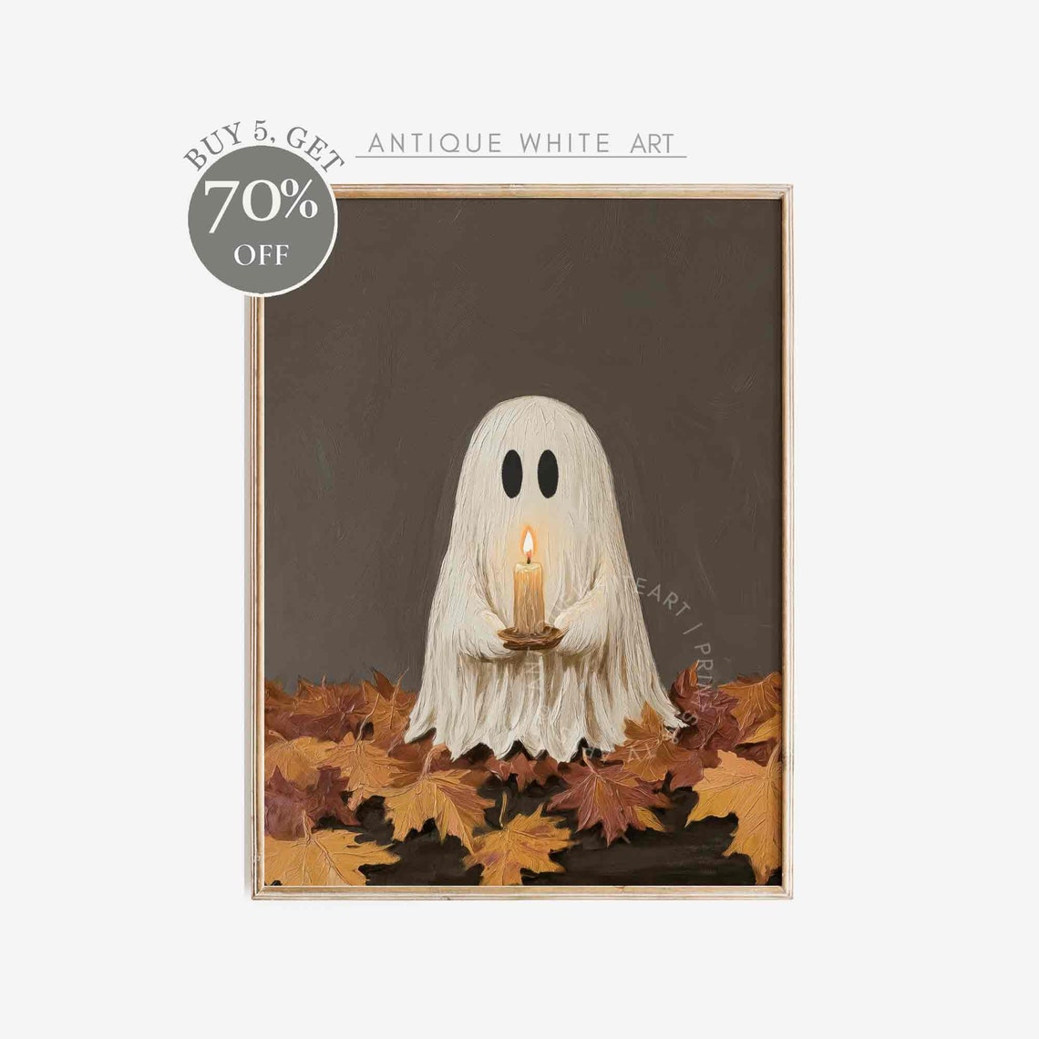 Cute Ghost Candle Autumn Leaves Dark Cozy Halloween Fall Decor Poster