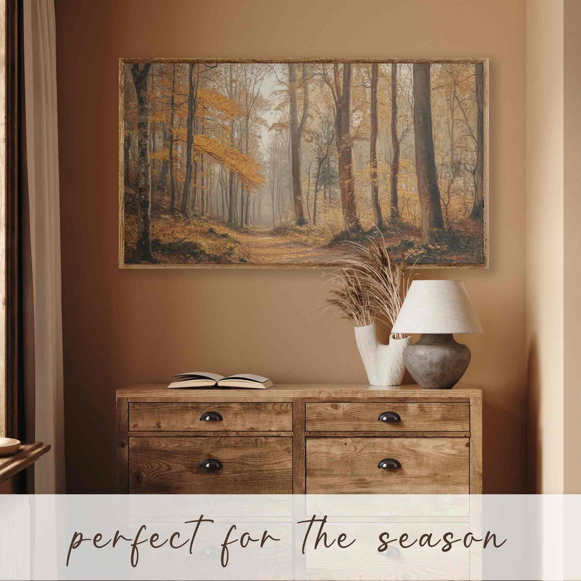 Golden Autumn Forest Tall Trees Misty Path Vintage Frame Tv Art Poster - Image 3