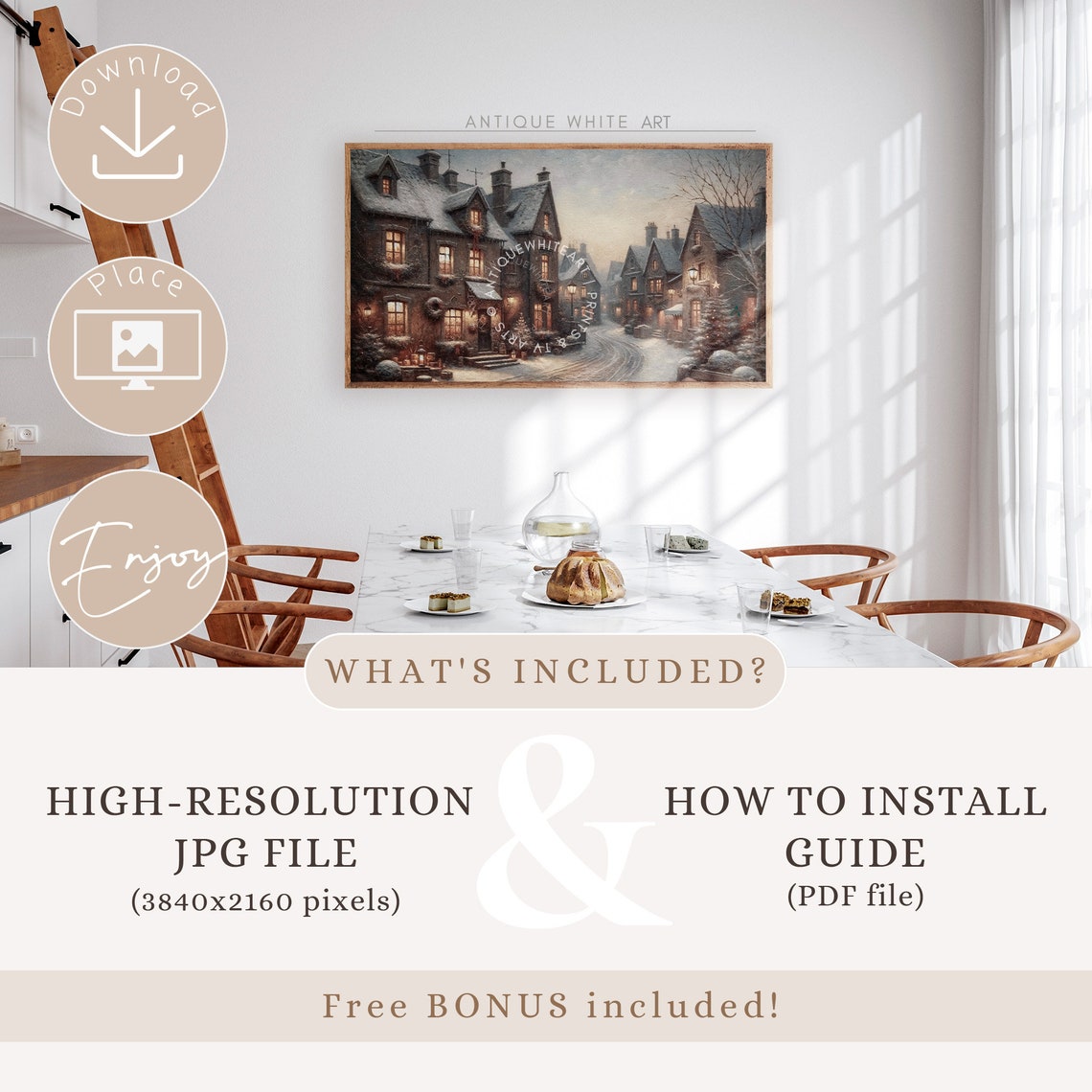 Christmas Frame Tv Art Vintage Farmhouse Winter Old Town Painting For Tv The Frame Tv Holiday Tv Art Holiday Home Decor Wa21 - Image 2