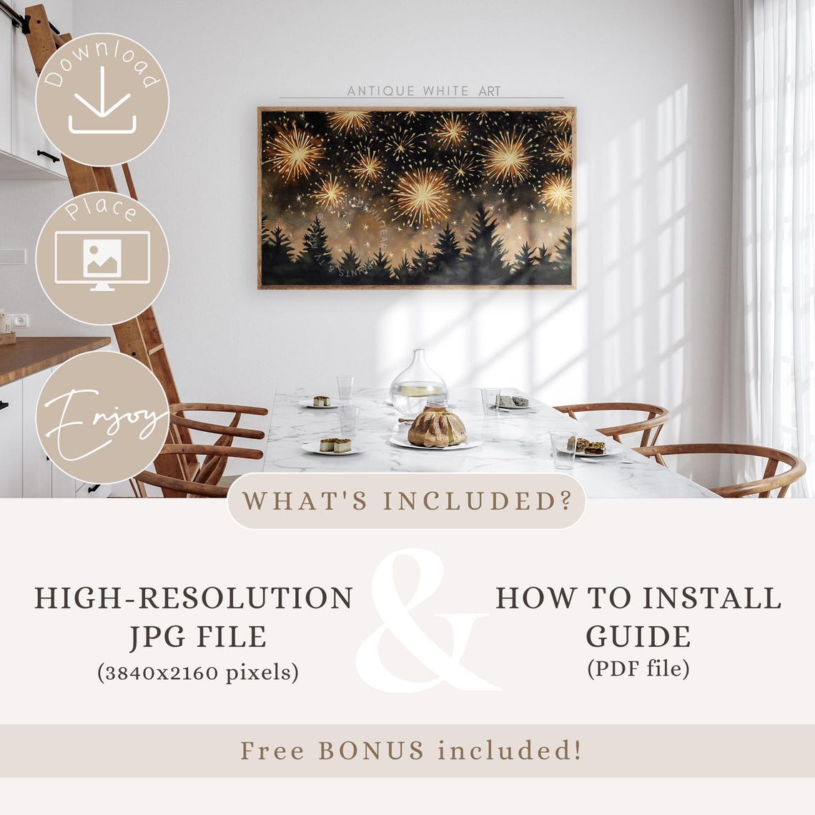 Golden Fireworks Over Pine Silhouettes New Year Night Wall Art - Image 4