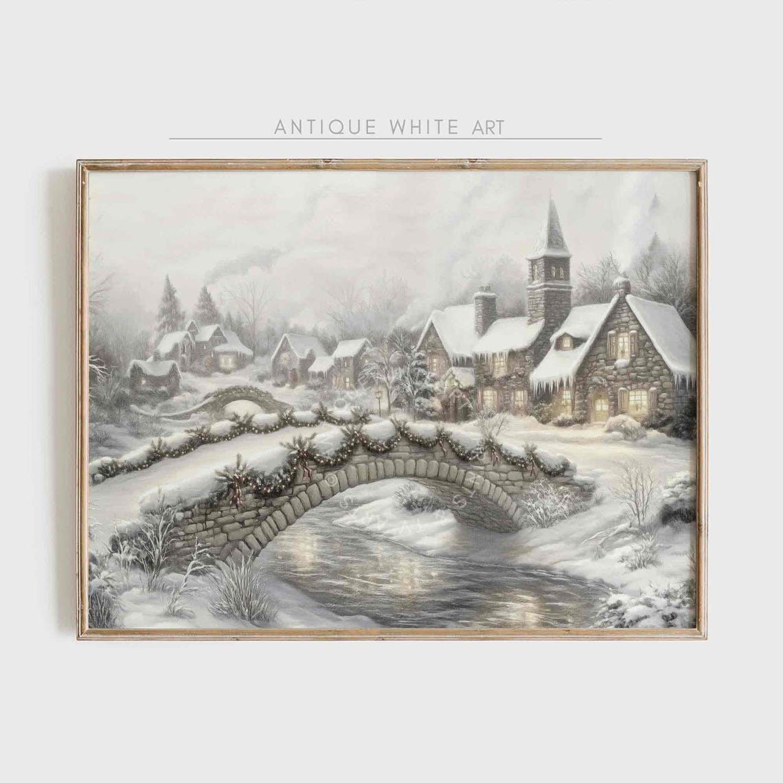 Vintage Village Landscape Print Farmhouse Christmas Art Snowy Winter Oil Painting Holiday Decor Farmhouse Decor W1