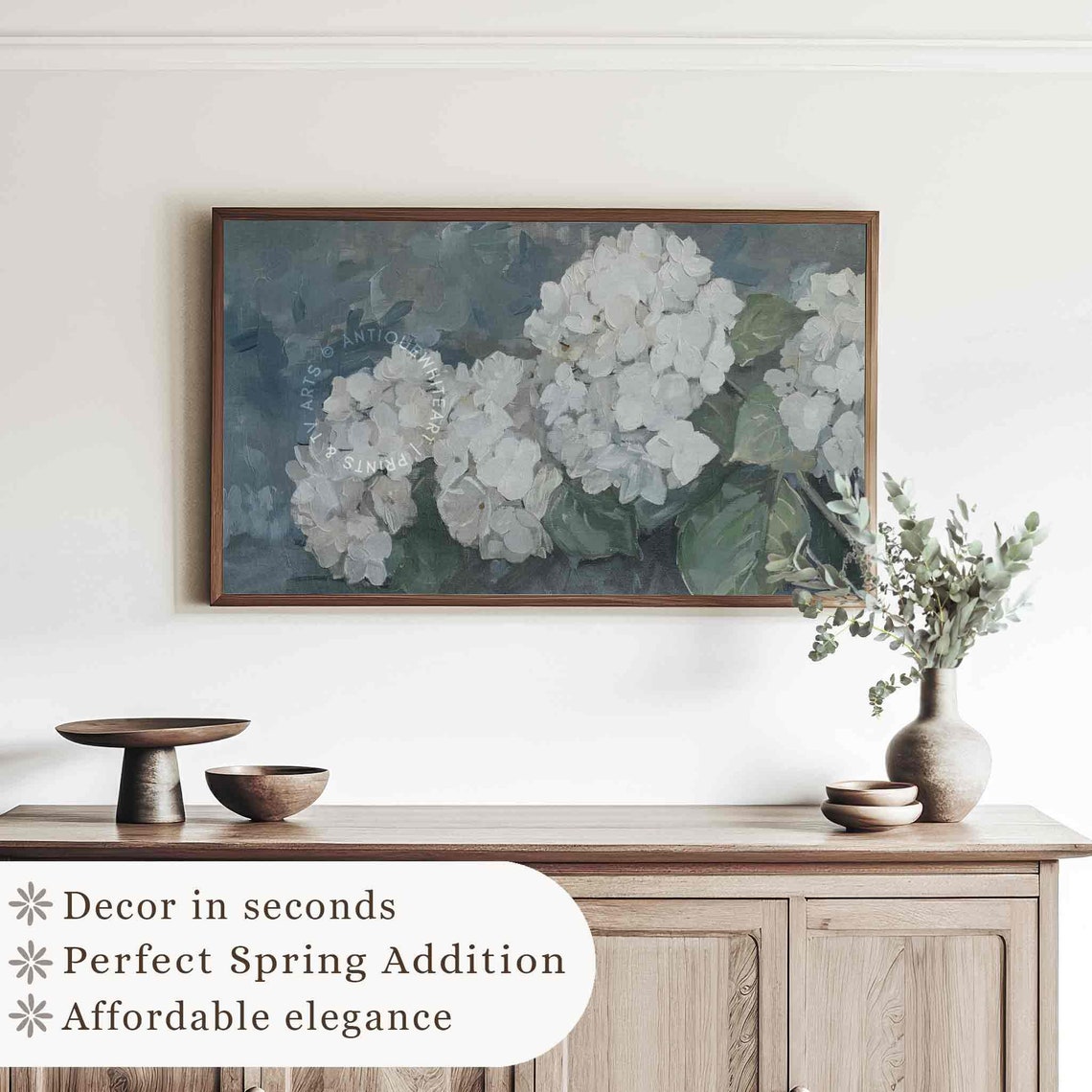 White Hydrangea Blossom Oil Painting Blue Grey Floral Art TV Poster - Image 4