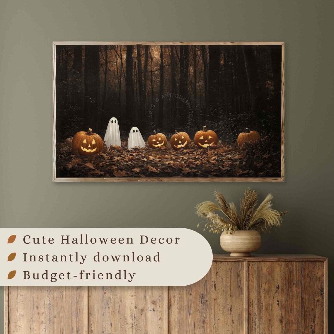 Two Ghosts Among Glowing Jack O Lanterns In Dark Forest Halloween Poster - Image 3