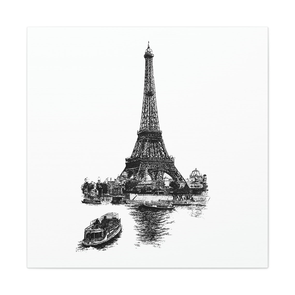 Eiffel Tower Ink Sketch with Seine River Boats Paris Travel Poster