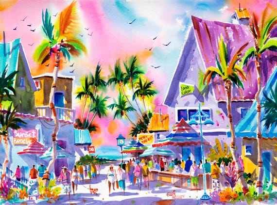 Fort Myers Beach, Florida Watercolor Art Print