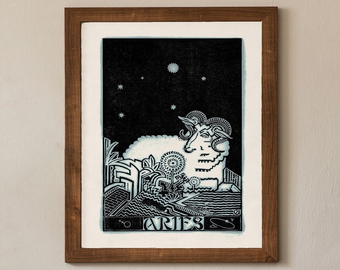 Aries Zodiac Sign Ram Vintage Black White Linocut Astrology Poster