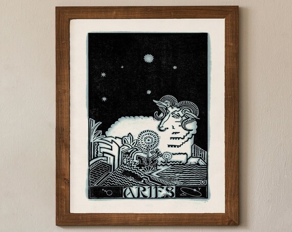 Aries Zodiac Sign Ram Vintage Black White Linocut Astrology Poster