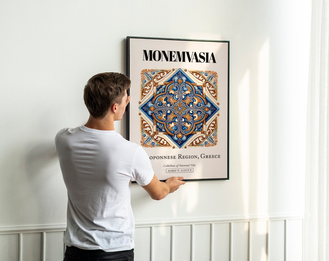 Monemvasia Greek Fortress Tile Art Travel Poster - Image 3