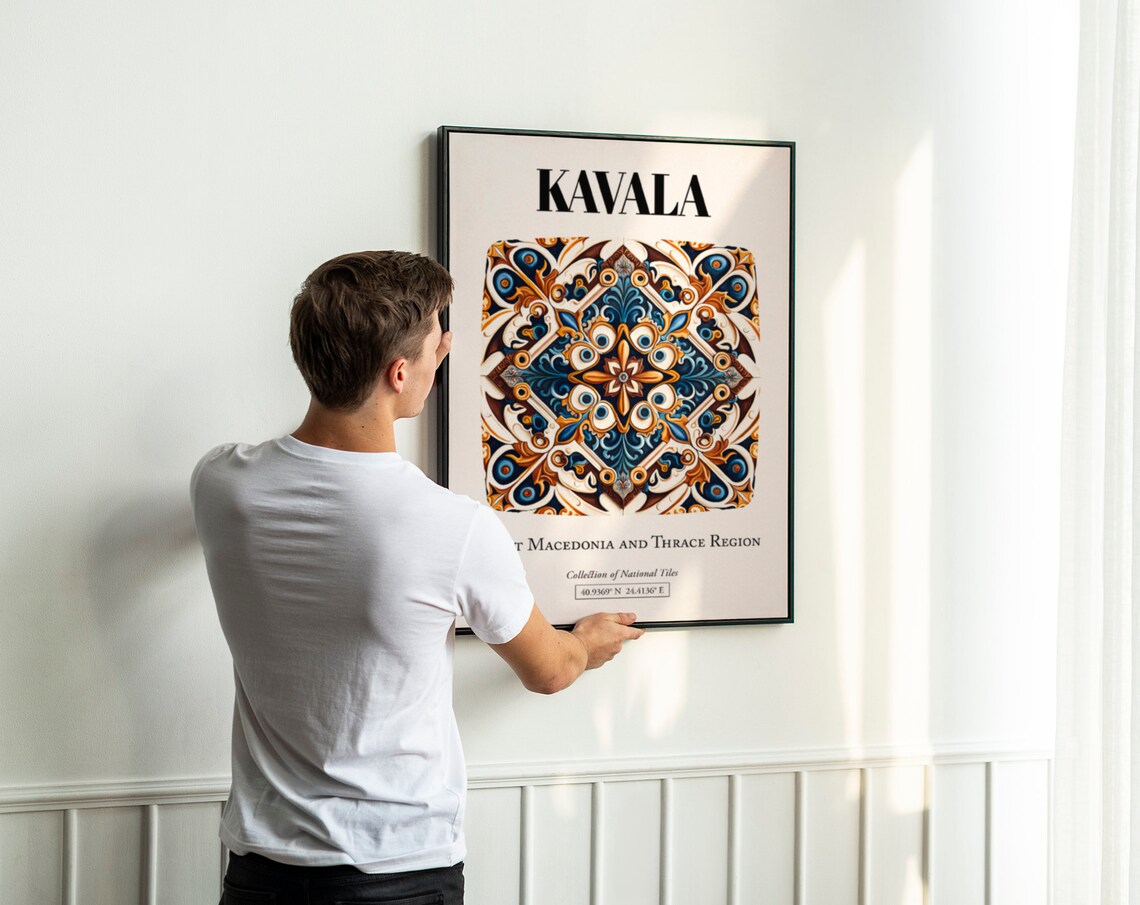 Kavala Greek Tile Pattern Art Print, Coastal Style - Image 3