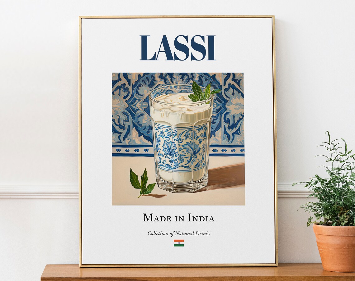 Lassi On Maiolica Tile Traditional Indian Beverage Drink Print Poster Kitchen And Bar Wall Art