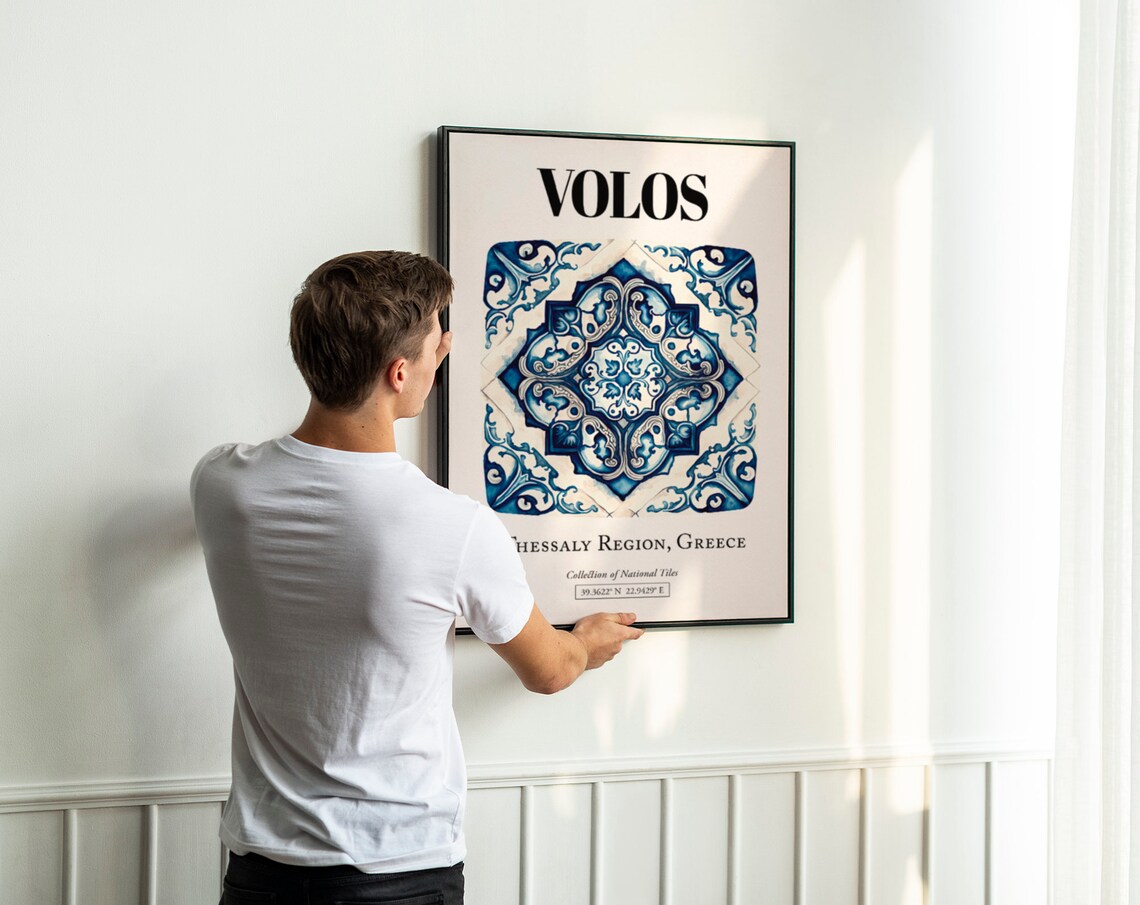 Volos Greek Coastal Elegance, Traditional Tile Pattern Art Print - Image 2