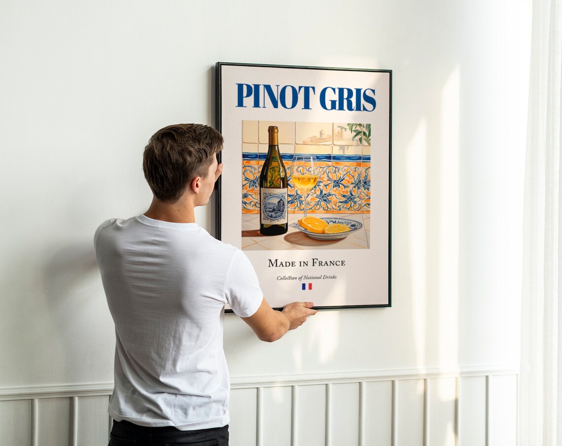 Pinot Gris Wine On Maiolica Tile, Kitchen Bar Art Print - Image 3