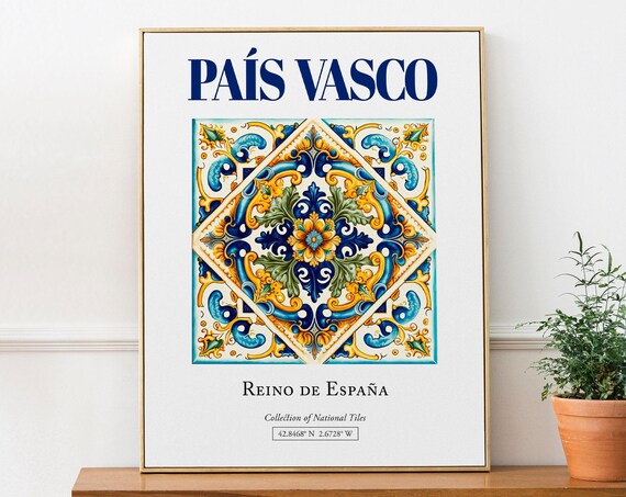 Basque Spain Folk Tile Art Print, Living Room Decor