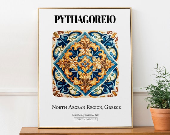 Pythagoreio Tile Pattern Travel Poster, Greek Island