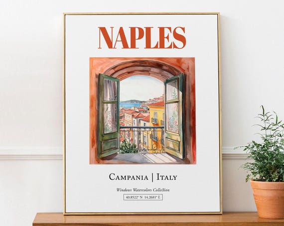 Naples Campania Italy Travel Poster, Watercolor Illustration
